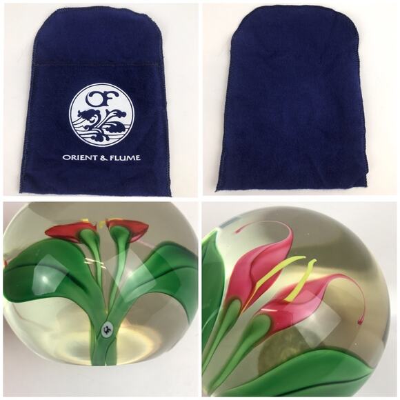 Orient & Flume Pink Callalily Flower Lampwork Paperweight Vintage Beyers Bag COA - Picture 15 of 15